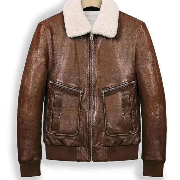 Brown Leather Fur Collar Bomber Jacket – 100% Genuine Cow Leather | Vintage Winter Aviator Style